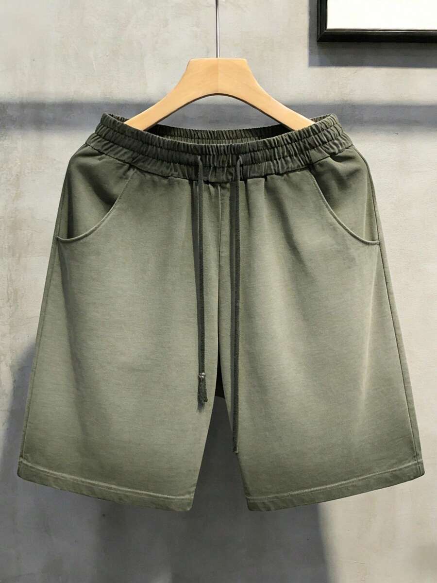 Men's Heavyweight Gradient Washed Drawstring Shorts - Casual Streetwear Elastic Waist Knee Length Shorts With Pockets - Vintage Distressed Denim Look Summer Bottoms For Men -  Y2K Inspired Relaxed Fit Casual Shorts For Daily Wear, Street Style, And Outdoor Activities - 2026 New Arrival American Fashion Essentials - 軍綠色 - 查看 1