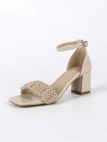 女士编织水钻高跟露趾凉鞋，优雅温柔风格，米色中跟皮鞋 - 杏色 - 查看 7