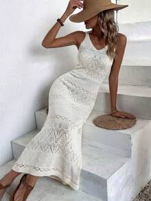 优雅女士休闲纯色针织长裙，无袖沙滩裙，适合春夏穿着，白色轻盈度假装，简约复古风格，适合返校季，秋冬长款派对裙，适合圣诞节、感恩节和新年等场合。 - 白色 - 查看 1