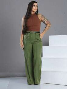 A-Lows A&L  Calca pantalona Tecido Alfanteria  Com  Anel Fino e  Risco Reto - Verde Militar - Visão 5