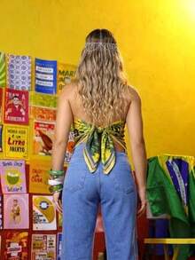 Brazilcore Printed Tie-Along Top, Versatile, Summer Tropical Print, Brazil - 黃嘴巨嘴鳥 - 查看 2