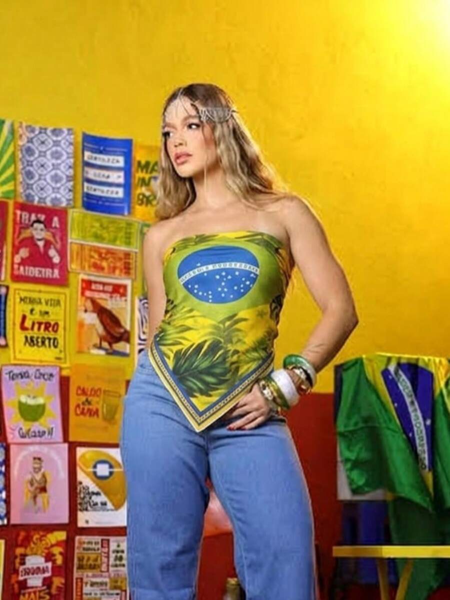 Brazilcore Printed Tie-Along Top, Versatile, Summer Tropical Print, Brazil - 黃嘴巨嘴鳥 - 查看 1