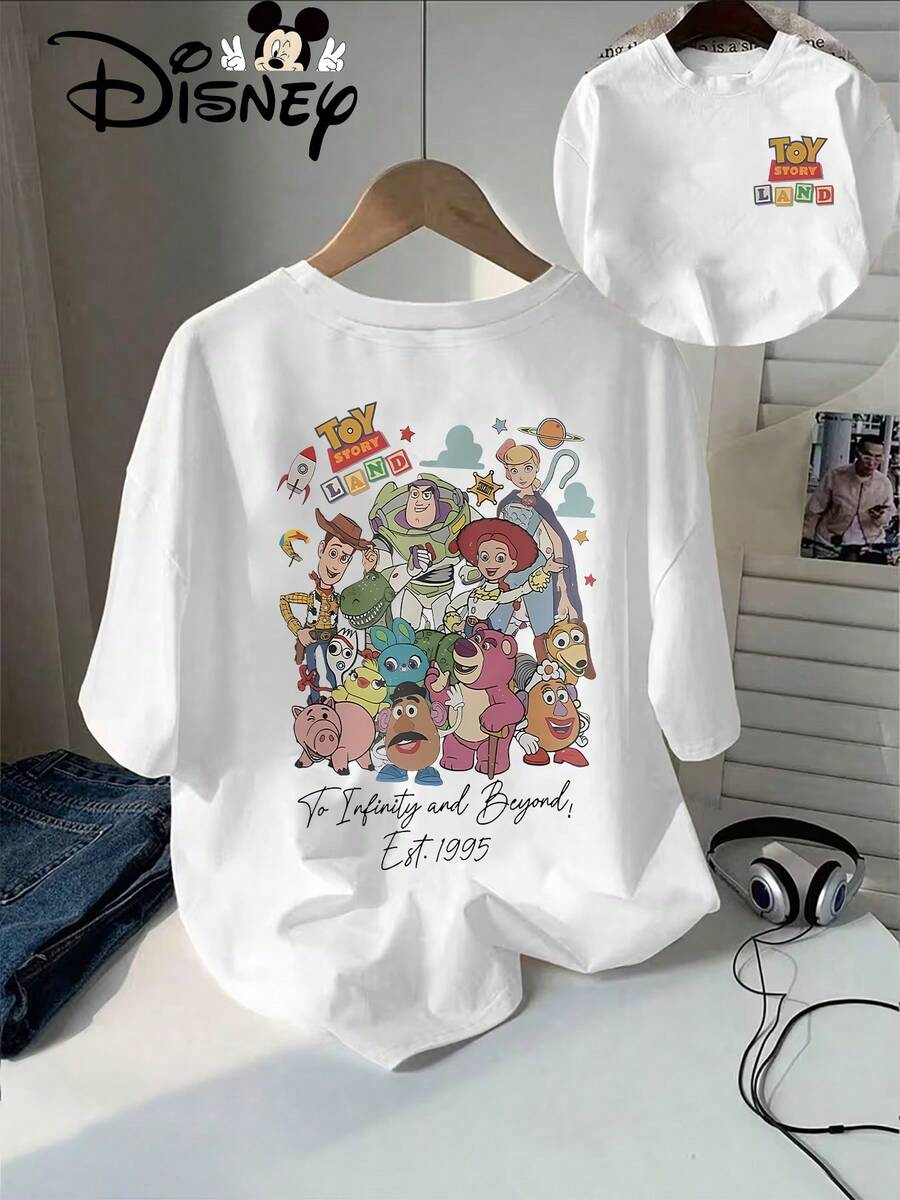 Disney Toy Story Character And Logo Patterned Summer Short-Sleeve T-Shirt For Women, Featuring A Casual And Stylish Print - 白色 - 查看 1