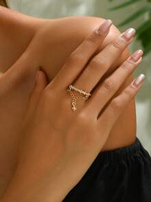 1 pieza Nuevo anillo de joyería de cadena geométrica de estrella de aleación de estilo europeo y americano, anillo abierto ajustable de hexagrama - Amarillo Oro - Ver 2