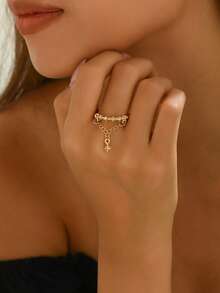 1 pieza Nuevo anillo de joyería de cadena geométrica de estrella de aleación de estilo europeo y americano, anillo abierto ajustable de hexagrama - Amarillo Oro - Ver 3