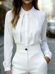 Camisa blanca elegante de mujer de poliéster, manga larga regular, con detalles de botones en el cuello de la camisa, adecuada para uso en la oficina, tela sin estiramiento - Blanco - Ver 2