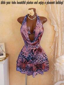 Women's 4-Piece Swimsuit Set, Leopard Print With Pearl Decor, Elegant Style, Suitable For Beach Vacation Summer - Purple - View 1