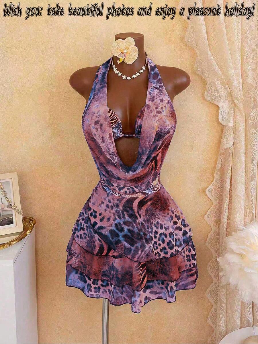 Women's 4-Piece Swimsuit Set, Leopard Print With Pearl Decor, Elegant Style, Suitable For Beach Vacation Summer - Purple - View 1