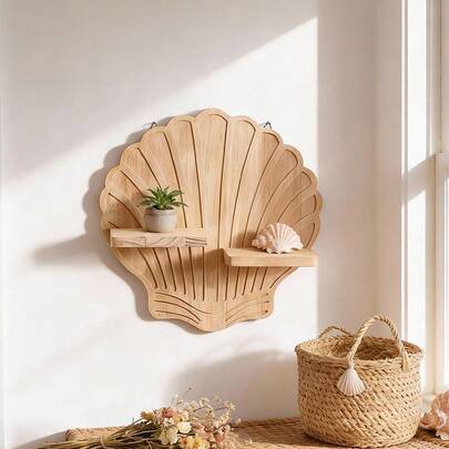 1pc Wooden Boho Coastal Tranquil Shell Wall Hanging Rack (Vase Not Included), Easy To Install, Suitable For All Seasons, Modern Home Decor For Bedroom, Living Room, Hallway, Nursery, Kitchen, Office, Farmhouse, Candle Holder & Storage Rack To Bring Beach Vibes Home