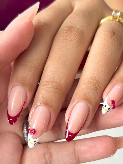 10pcs Handmade Nail Stickers, Nail Art Supplies, Nail Decorations, False Nails, Short Nails, Summer Nails, Acrylic Nail Stickers, Y2K Style, Pink Nails, Red Nails, Polka Dot Nails, Hand-Painted French Tips And Kitty Patterns, Cute & Playful Style, Suitable For Dates, Comes With Nail Tools