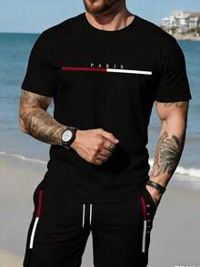 2pcs/Set Men's Creative Color Block Summer Set, Short Sleeve Round Neck T-Shirt And Drawstring Pocket Shorts, Casual Daily Wear - Black - View 1