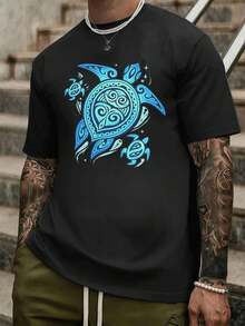 Maglietta grafica con tatuaggio  di tartaruga marina blu, tessuto di qualità, vestibilità ampia, vestibilità comoda, casual, stampa grafica unica - nero - Visualizzare 1