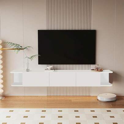 KALAKO Mueble para TV 75 Pulgadas con Gran Almacenamiento, Mueble TV Flotante de Pared, Diseño Minimalista- Centro de Entretenimiento para Salón Dormitorio (Blanco)