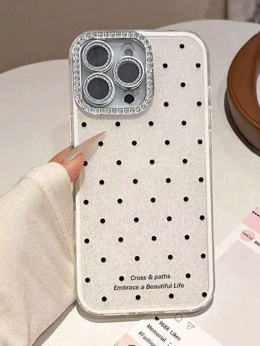 1PC Cute INS Polka Dot Small Rhinestone Camera Glitter Case Compatible With Iphone17pro 16 Plus 12 15 11 Pro Max 13 14 Plus IPhone17promax 16Promax 16pro Shockproof 2IN1 Phone Cover For Family Members, Friends And Couples - White - View 1