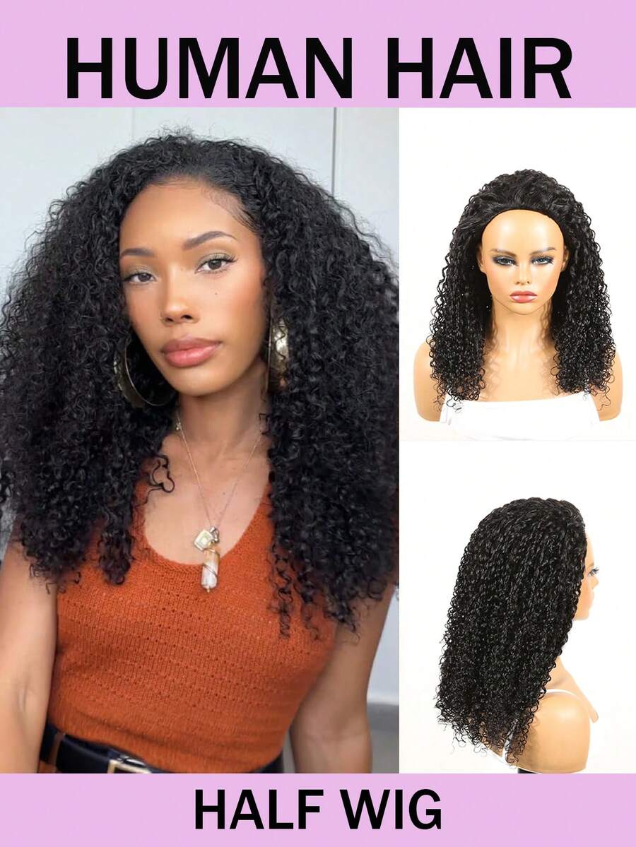 Peluca media cabeza rizada sin pegamento con densidad del 180%, peinado ondulado 3 en 1 reversible con diadema y cordón, color negro natural, estilo natural amigable para principiantes para mujeres - Natural Black - Ver 1