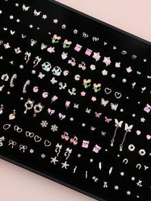 6/7/9对/套 精致时尚优雅可爱男女童耳环 花朵蝴蝶心形雪花随机款式 生日派对 儿童节礼物 日常佩戴配饰 - 彩色水鑽小耳釘 - 查看 3