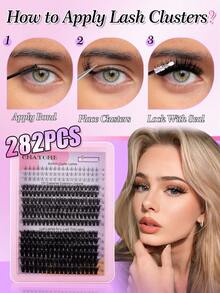 D型卷翘蓬松假睫毛簇，下睫毛长度9-18mm，浓密型睫毛嫁接套装，DIY自然卷翘假睫毛，含睫毛胶、镊子和睫毛刷 - 粉色 - 查看 2