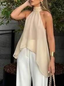 Solid Color Asymmetric Asymmetrical Knot Vacation Cold Shoulder Top Summer - Apricot - View 3