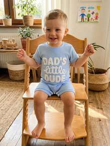 Newborn Baby Boy Summer Romper Letter Embroidered Short Sleeve Crewneck Waffle Bodysuit - Azul - Ver 5
