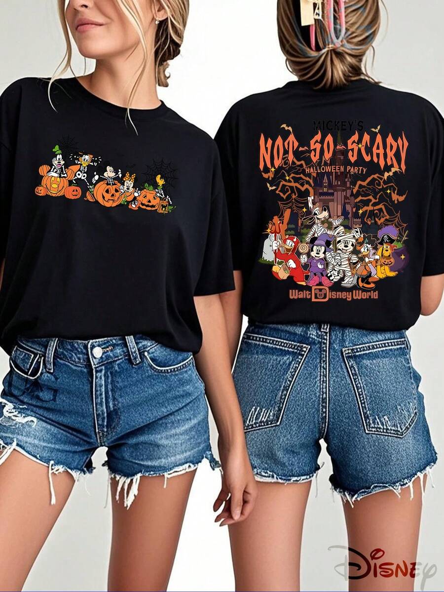 Disney Genuine Authorization, Fun Mickey Mouse Pattern Printing Ladies 100% Cotton T-Shirt-Printing, Breathable Light Fabric, Regular Round Neck Summer Street Casual Shirt, Disney Shirt, Pattern And Text Closely Combined, Full Of Fun And Memory. - 黑色 - 查看 1