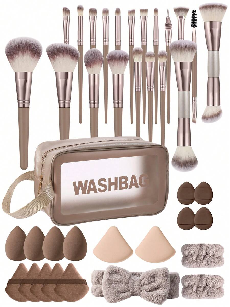 39件套化妆工具套装，包括：20支化妆刷套装+1个多功能防水拉链化妆包+4个迷你气垫粉扑+2个手碗挂绳+2个气垫粉扑+4个化妆海绵+5个三角粉扑+1个发带，一应俱全，新手友好 | 方便旅行携带，送礼佳品 | 新手/女性的完美之选 - 彩色 - 查看 1