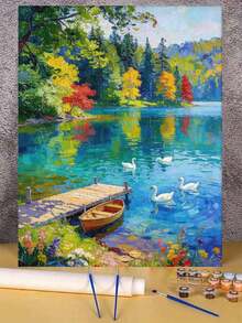 40x50cm/16x20in 彩色湖泊風景天鵝與小船 DIY 數位油畫畫布藝術手工 成人居家裝飾節日禮物 - 40*50厘米 - 查看 3
