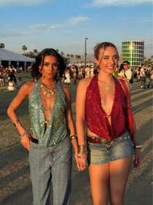 Women Halter Neck Sequin Tank Tops Sparkly Glitter Backless Cowl Neck Drape Front Camisoles Plunge Vests Summer Sleeveless Deep V-Neck Party Tops Vacation Beachwear Mermaid Costumes Clubwear - 紅色 - 查看 4