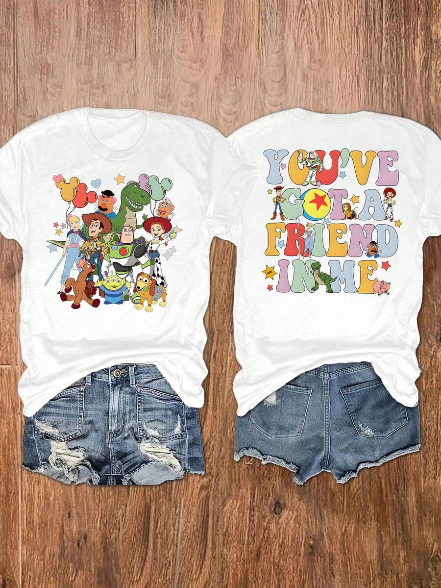 Disney Loose Edition Toy Story "You've Got A Friend In Me" Front And Back Printed T-Shirt, Suitable For Summer And Spring, Short Sleeved Tops, Women's Clothing, Holiday Gift Party Clothing. - 白色 - 查看 1