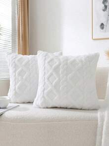 1pc White Synthetic Wool Decorative Pillow Cover, Soft Plushy Sheepskin Square Pattern Cushion Cover, Modern Sofa Decor Home, Bedroom, Dorm Use, No Pillow Core Holiday Giving - 白色 2 - 查看 6
