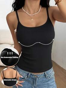 Áo tank top nữ cơ bản, thoải mái, tối giản, có đệm ngực, dáng ôm, không tay, dây đeo điều chỉnh được, màu đen. - màu đen - Xem 2