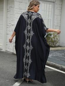 1pc Plus Size Women's Middle Eastern Style Casual Round Neck Printed Loose Robe With Side Slit, Suitable For Beach & Holiday Spring - Navy Blue - View 2