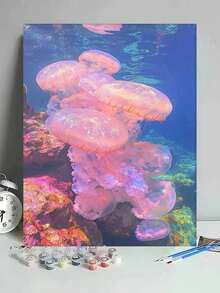 粉色水母海洋场景DIY数字油画帆布画工艺品成人家居装饰40x50厘米/16x20英寸节日礼物 - 40*50厘米 - 查看 1