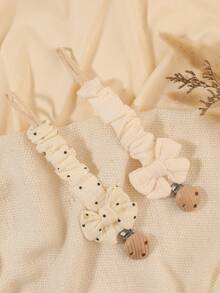 2 件婴儿纯色印花奶嘴夹，蝴蝶结奶嘴夹，木制 3 孔奶嘴夹，适合日常使用，蓝色、粉色、卡其色 - 彩色 - 查看 19