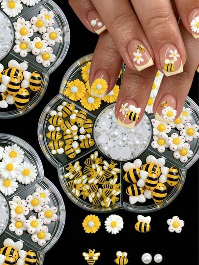 1盒卡通美甲装饰品，3D黄色蜂蜜罐，小蜜蜂，白色珍珠，小雏菊，可爱美甲饰品配件，适合情人节派对，DIY美甲用品，美甲宝石