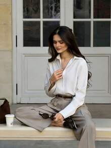 Camisa de manga larga con cuello polo, de estilo casual, holgada y elegante, minimalista y suave, adecuada para múltiples escenarios como ir al trabajo, estar en casa, etc. en todas las estaciones, color blanco primaveral - Blanco - Ver 7