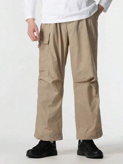  Nike 純色拉鍊寬鬆多口袋休閒工裝褲 男款 卡其色