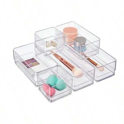 1个透明抽屉式多层分隔收纳盒，可堆叠可移动化妆品收纳盒，现代简约化妆品收纳盒