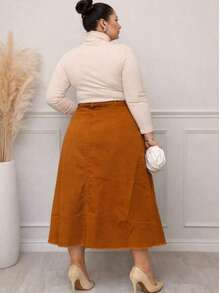 Women's Plus Size Long Denim Skirt, Flared, Caramel Color, High Waist, 100% Cotton, No Lycra - Lạc đà - Xem 4
