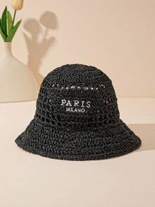 1 件女士时尚波西米亚倒三角字母刺绣“Paris Milano”手工钩编草帽，适合海滩度假装 - A - 查看 9