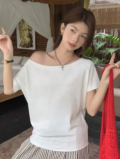 Women's Off-Shoulder Short Sleeve T-Shirt, Regular Length, Polyester High Stretch Fabric, White Summer Top, Suitable For Office And Casual Wear