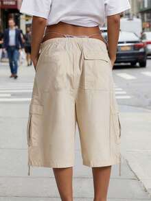 Womens Baggy Mid Jeans Y2k Cargo Jeans Casual Drawstring High Waist Denim Cargo Pants With Pockets Streetwear - 象牙白 - 查看 4