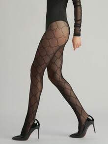 1 pieza Medias ajustadas y sexys para mujer con diseño de red calada con corazones entrelazados, pantimedias finas y transparentes para primavera/verano, medias que estilizan y favorecen las piernas con estilo Y2K del milenio, medias versátiles de color negro adecuadas para disfraces de Halloween - Negro - Ver 3