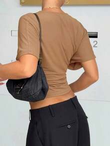 夏季优雅深V领中等弹力常规袖针织上衣，适合外出穿着，女款 - 棕色 - 查看 9