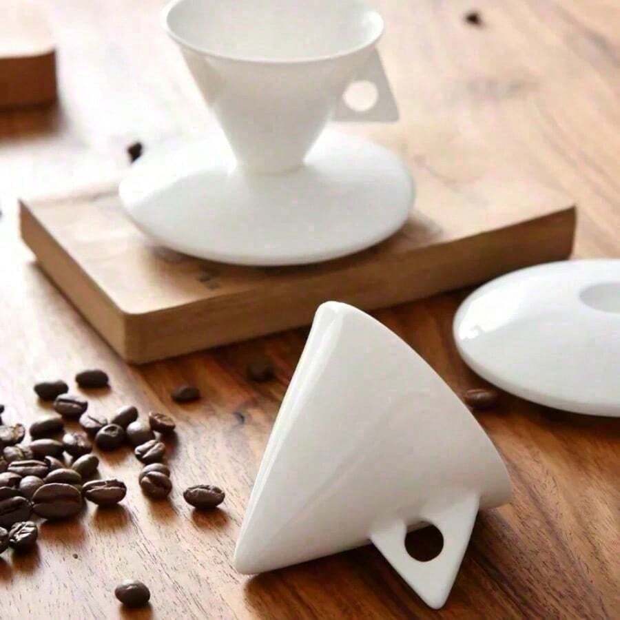 Bộ tách cà phê espresso hình nón bằng sứ xương cao cấp INS, hình chóp, màu đen, nhỏ, kèm đĩa lót, dùng cho tách trà và cà phê nhỏ. - trắng - Xem 1