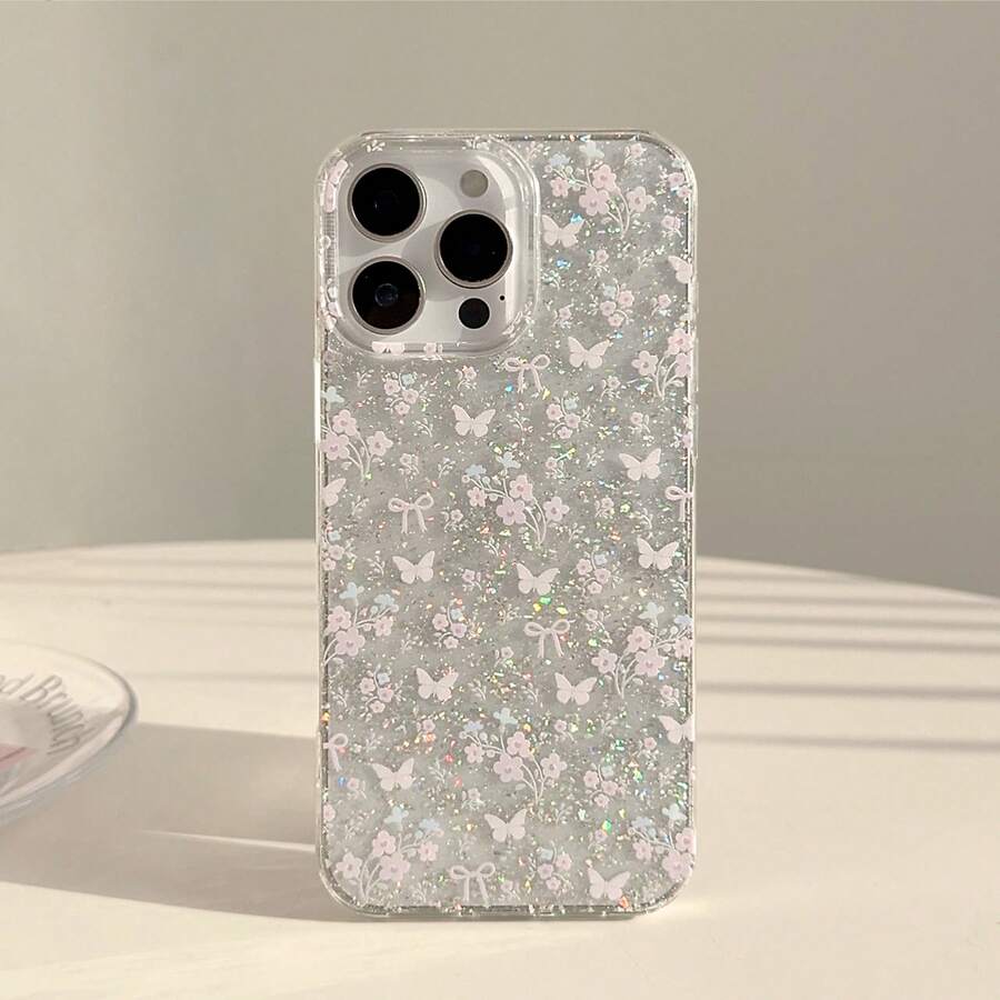 Kavenfort 1件装透明紫色蝴蝶蓝花紫色清新小蝴蝶手机壳，适用于苹果16 Pro Max、17、14、13，闪亮亮片，女性化、梦幻、原创、少女、简约、ins风 - 彩色 - 查看 1