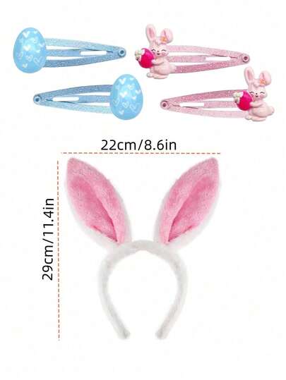 1 Set Of 5 Pcs (1 Headband + 4 Hair Clips) Easter Bunny Ear Headband & Egg Hair Clips Combo, Cute Design, Comfortable Fit, Suitable For Easter Party & Daily Wear Hairband Diadema Hair Hoop