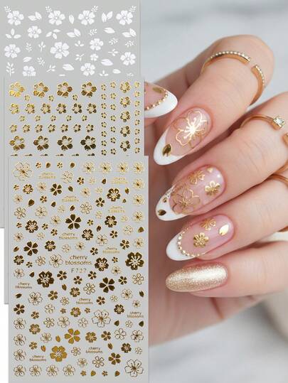 3片浪漫春日樱花美甲贴纸 - 香槟金边饰和珍珠白玫瑰花瓣美甲贴 - 优雅田园风格 - 适合春夏、婚礼、情人节、日常DIY美甲装饰