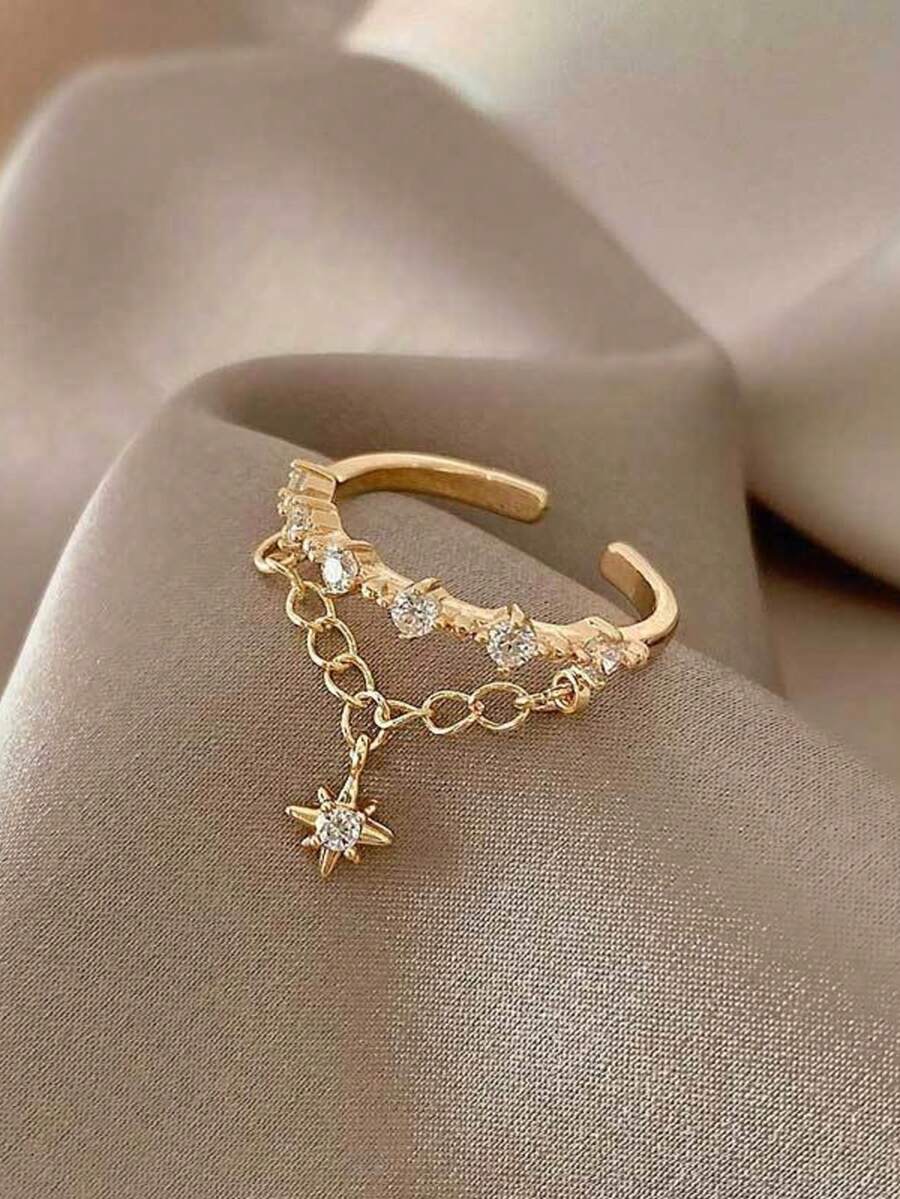 1 pieza Nuevo anillo de joyería de cadena geométrica de estrella de aleación de estilo europeo y americano, anillo abierto ajustable de hexagrama - Amarillo Oro - Ver 1