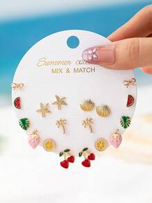 Conjunto de 18 brincos com tema tropical de verão, estrela-do-mar e cereja - Brincos minimalistas com laço, estrela-do-mar, palmeira e morango para uso diário - Joias boêmias para férias - Conjunto de brincos com laço, estrela-do-mar, palmeira e morango - Ver 1