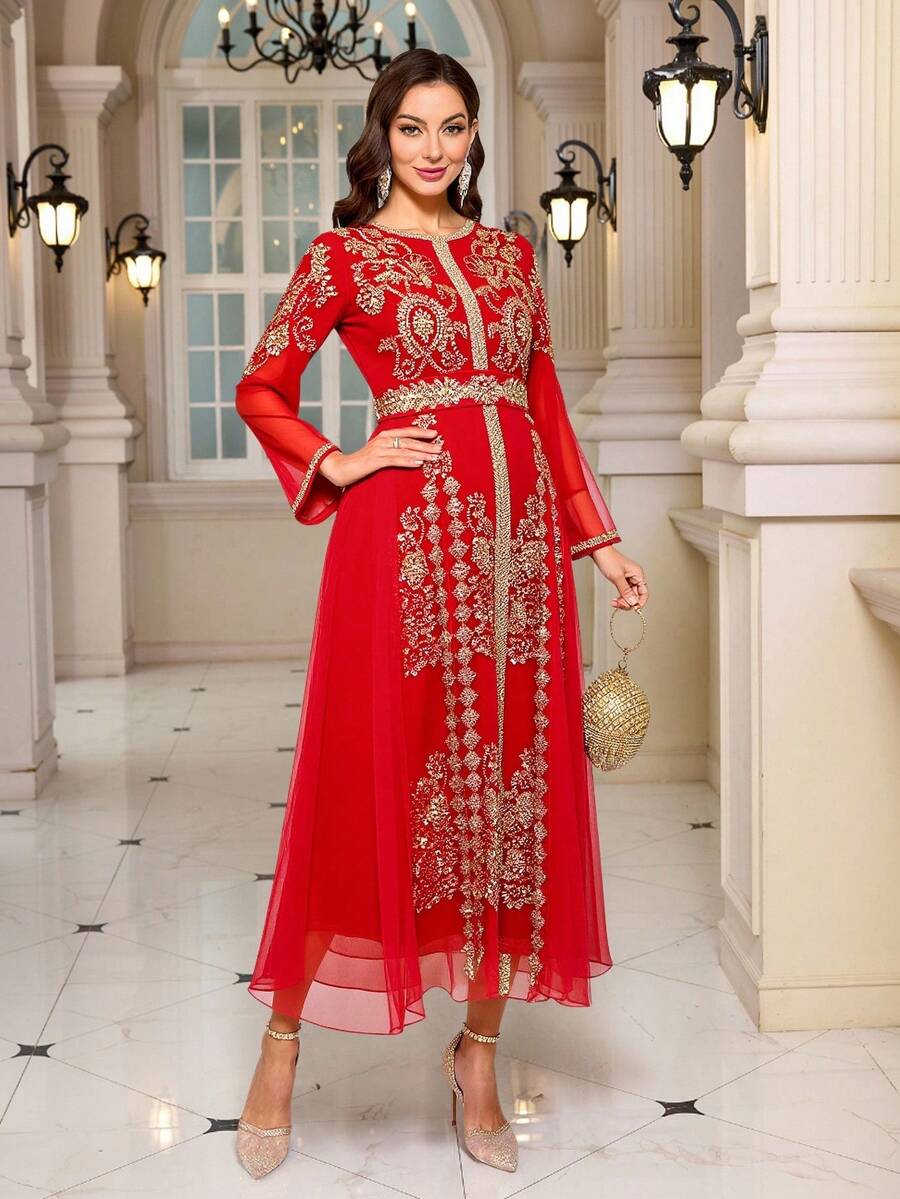 Vintage Fashionable Red Embroidered Flare Sleeve Mesh Dress - Red - View 1